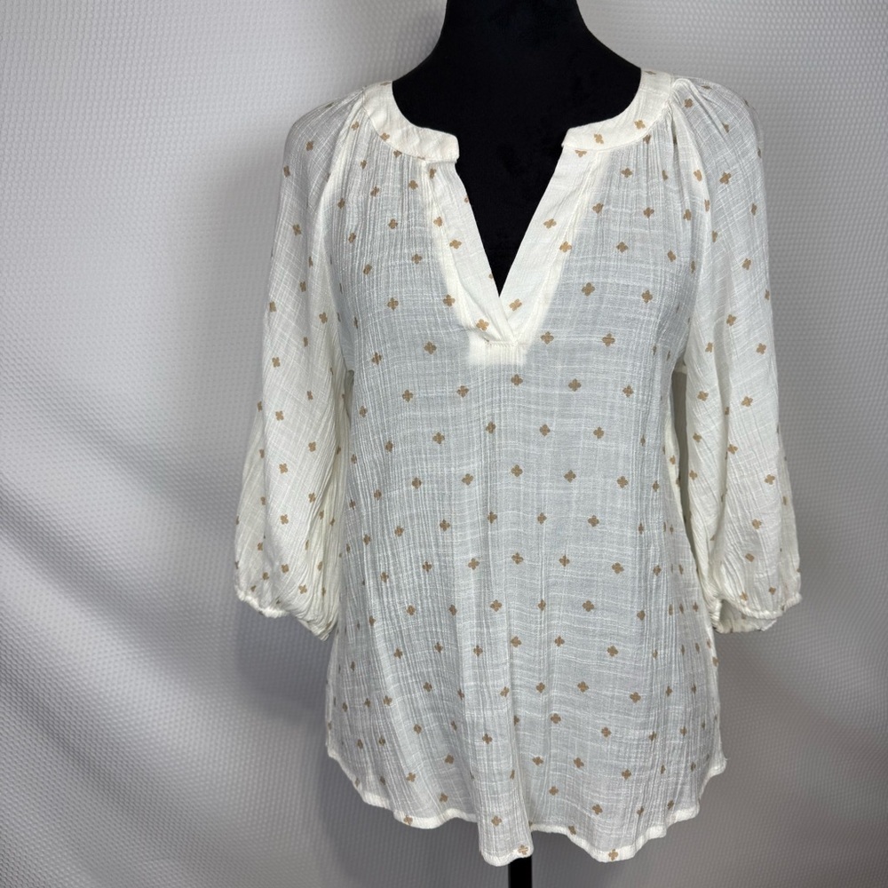 MINE Ivory w/Gold Floral Print Peasant Blouse Small Boho Lightweight 3/4 Sleeve